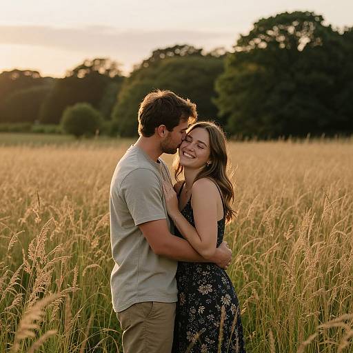 Photograph of a smiling couple standing in a golden wheat field at sunset, with the man in a light gray shirt and the woman in a dark floral