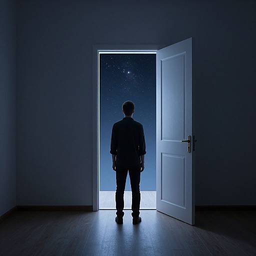 Silhouetted man stands in doorway, back to viewer, staring at a starry night sky illuminated by bright white light. Photograph.
