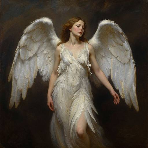 Digital painting of a serene angelic woman with large, detailed white wings, wearing a flowing feathered dress, set against a dark background.