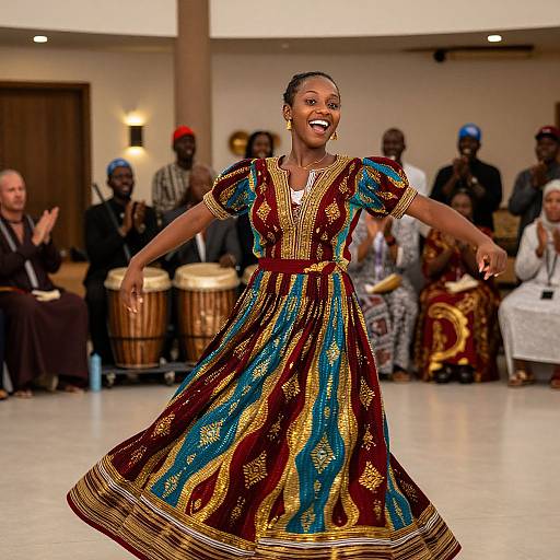 Photograph of a smiling African woman dancing in a colorful, patterned dress, surrounded by drummers and audience in a brightly lit room.