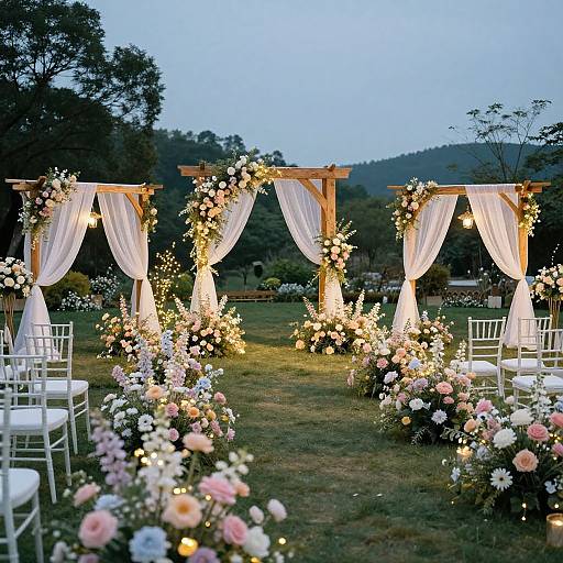 Photograph of an outdoor wedding arch decorated with white drapes, floral arrangements, and glowing lights, surrounded by white chairs on a grassy lawn with