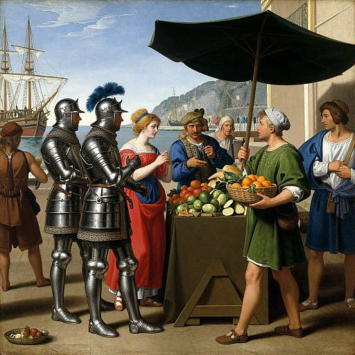 Renaissance painting: Two armored knights and a woman in red dress converse with a vendor selling fruit under a black umbrella by a harbor.