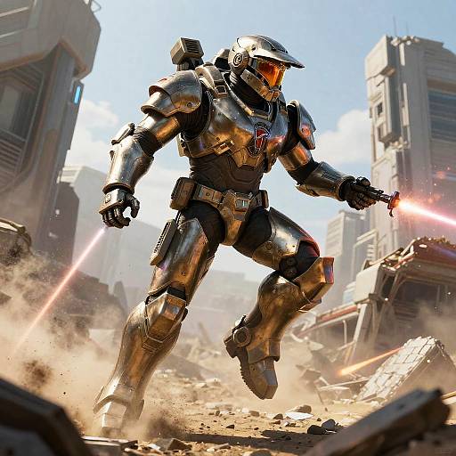 Halo Spartan Action Scene in Futuristic Ruins