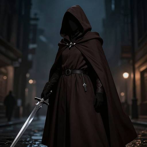Dark-robed, hooded figure with black gloves and glowing sword stands in foggy, dimly-lit street, surrounded by blurred streetlights.