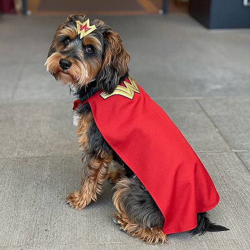 Cute, small, black and brown Yorkshire terrier puppy sits on gray concrete, wearing a bright red superhero cape with a gold star emblem on the