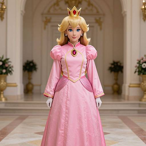 CGI image of Princess Peach in a pink, puffy-sleeved gown with gold trim, white gloves, and a gold crown, standing in