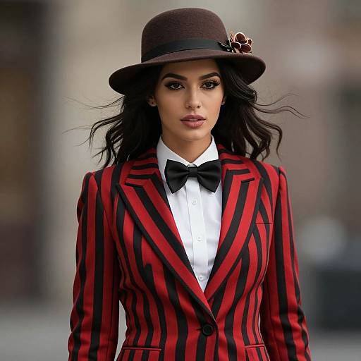 Photograph of a dark-haired woman in a red and black striped suit, black bow tie, and brown hat with a red bow, standing confidently against
