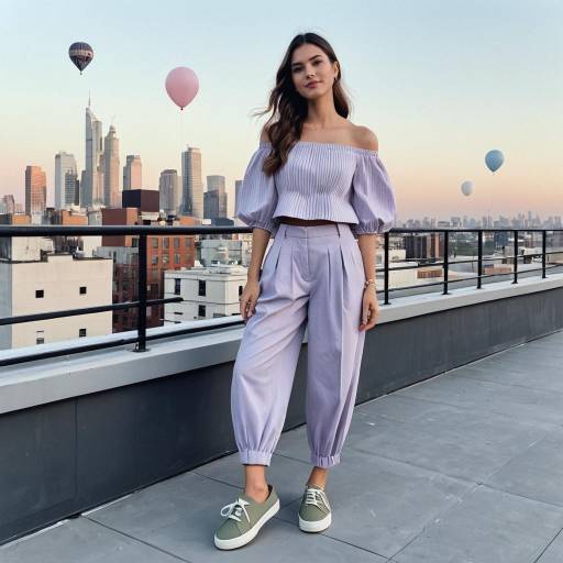 Woman in Pastel Lavender Outfit on Rooftop