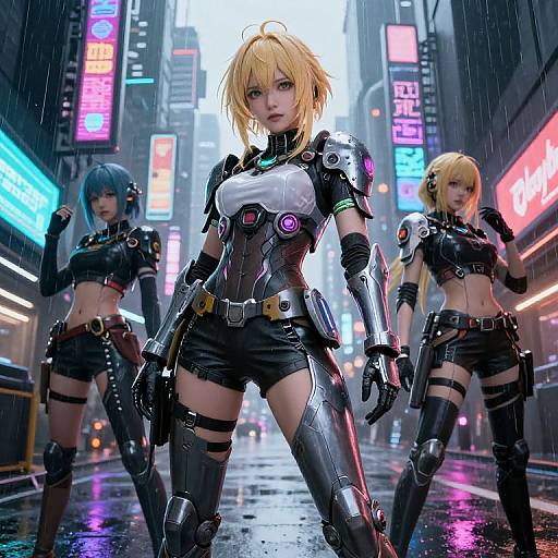 Digital art: Cyberpunk city night scene with three blonde, blue-haired female warriors in black, futuristic armor, neon-lit streets, rain.