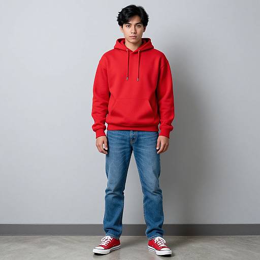 Photograph of a young Asian man with short black hair, wearing a red hoodie, blue jeans, and red sneakers, standing against a plain gray wall