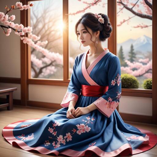 Woman in Traditional Kimono with Cherry Blossoms