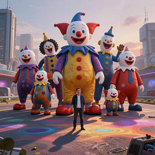 Futuristic Clown Robots at Dusk