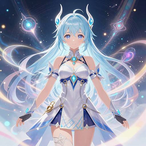 Digital anime artwork of a blue-haired, blue-eyed, horned female character in a white and blue fantasy outfit, surrounded by glowing orbs and energy lines