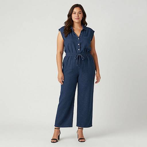 Photograph of a young woman with wavy brown hair, wearing a sleeveless, buttoned, dark blue jumpsuit with a waist tie, standing