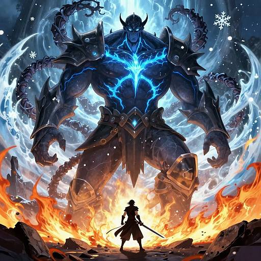 Digital fantasy artwork of a towering, armored, blue-electricity emitting monster with glowing horns, facing a silhouetted warrior amidst blazing fire and