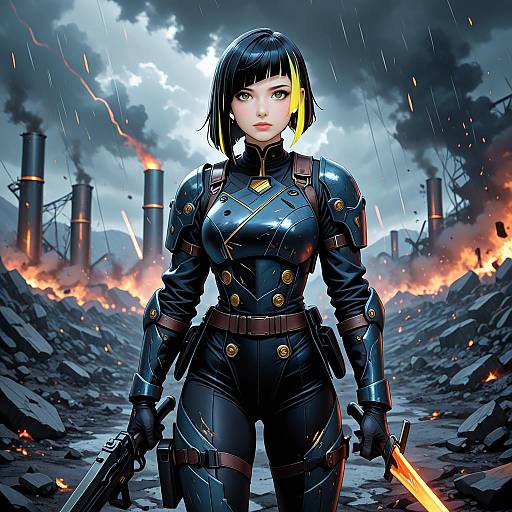 Digital art of a fierce, black-haired woman in glossy black armor, holding a glowing sword, standing in a war-torn, burning cityscape with