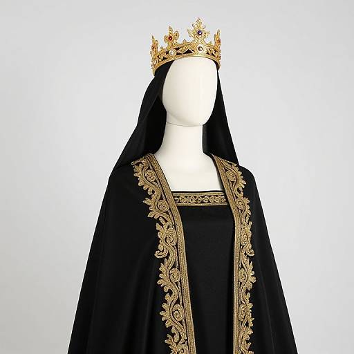 Photograph of a white mannequin wearing a black velvet royal gown with gold embroidery, and an ornate gold crown.
