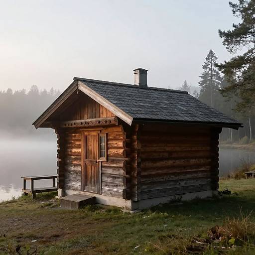 Photograph of a small, rustic wooden cabin with a shingled roof, situated on a grassy lakeside, surrounded by misty trees and