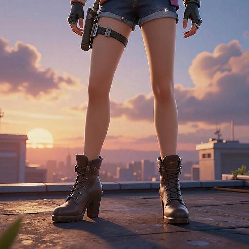 Digital artwork of a woman's lower legs in denim shorts and brown boots, standing on a rooftop at sunset, with a holster on her thigh and city