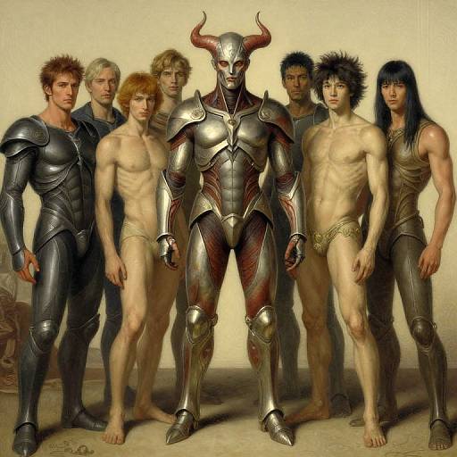 Digital artwork: Muscular men in medieval armor and loincloths, standing around a horned, armored figure with red accents, in a beige