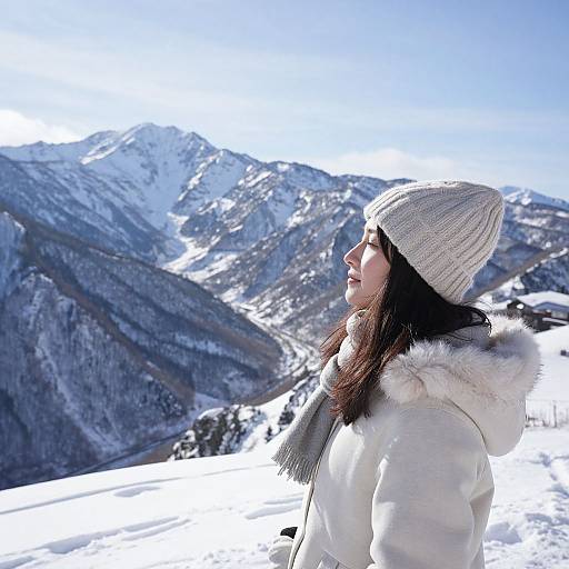Photograph of a woman in a white winter coat and knit hat, standing in snowy mountains, looking to the right. Bright blue sky and snow-covered