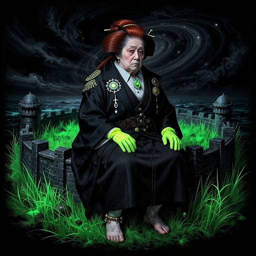 Digital art of an elderly Asian woman with red hair, neon green gloves, black kimono, and ornate medals, seated on ruins under a swirling