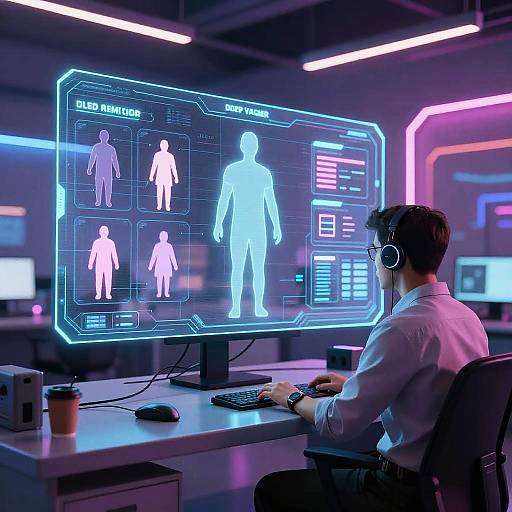 Photograph of a male programmer with headphones, white shirt, and dark hair, sitting at a desk, working on a neon blue holographic interface displaying