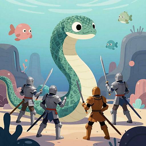 Digital cartoon of four armored knights and a brown-clad warrior facing a large, green snake in an underwater fantasy setting.