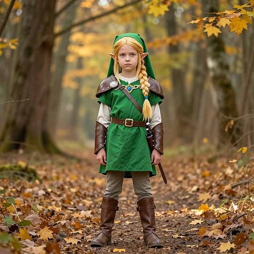 Young Girl in Green Hylian Costume in Autumn Forest