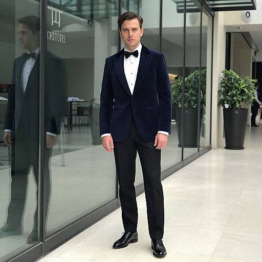 Photograph of a handsome, fair-skinned man with short brown hair, wearing a black velvet tuxedo, white shirt, and black bow tie