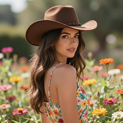 Young Woman in Brown Cowboy Hat in Flower Garden