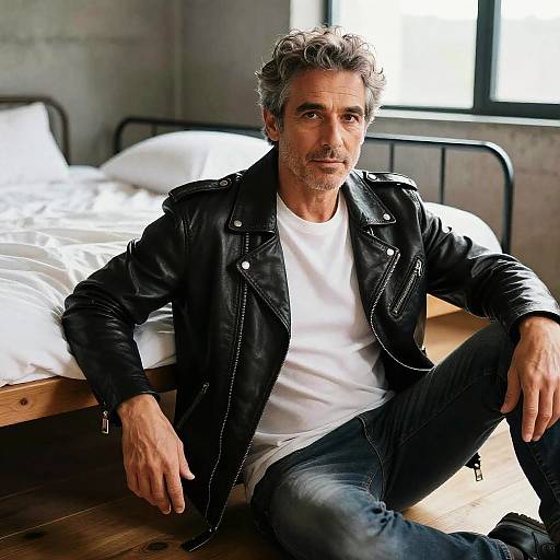 Photograph of a gray-haired, middle-aged man with a beard, wearing a black leather jacket and white t-shirt, sitting on a wooden floor in