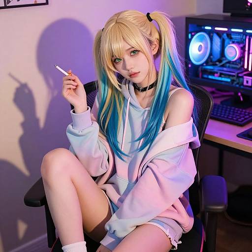 Photograph of a blonde woman with blue and green hair, wearing a white hoodie, black choker, and shorts, sitting on a chair, holding