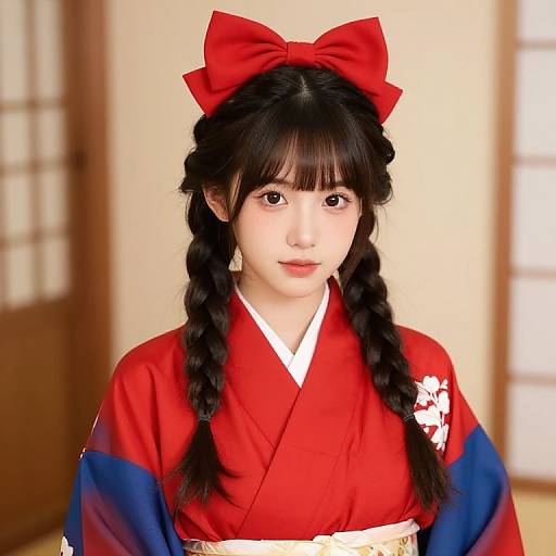 Asian Girl in Red Kimono