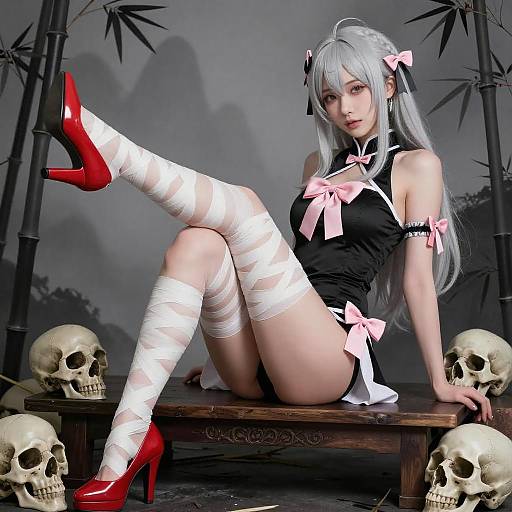 Silver-Haired Anime Woman with Skulls
