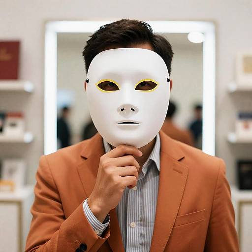 Man in Orange Blazer Holding White Mask