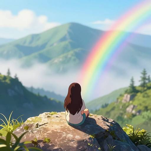 Anime-style digital artwork of a girl with long brown hair, sitting on a rock, gazing at a mountainous landscape with a vibrant rainbow.