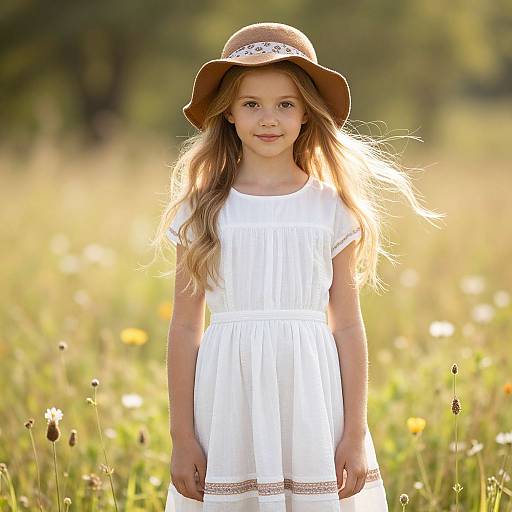 Photograph of a young girl with long blonde hair, wearing a white dress and sunhat, standing in a sunlit meadow.