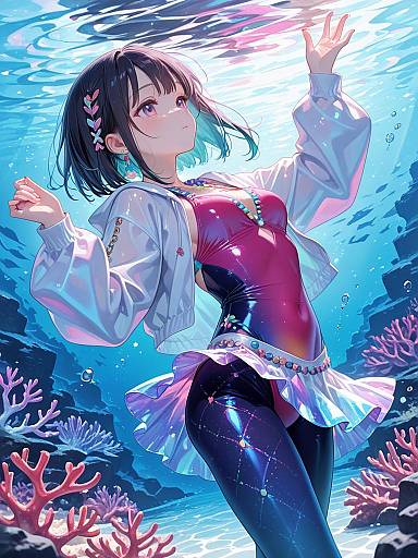 Underwater girl in vibrant coral spandex swimsuit