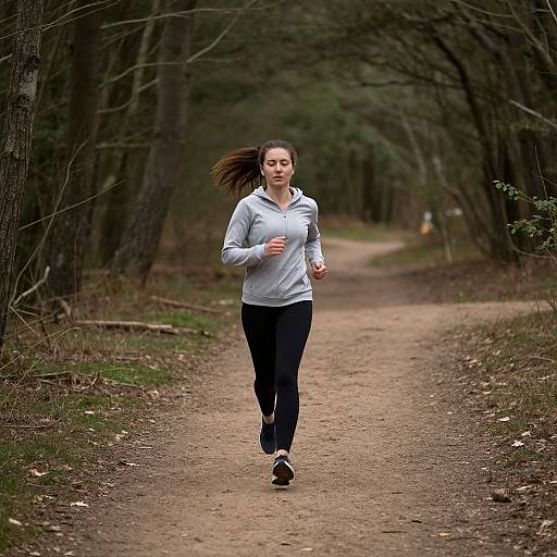 Photograph of a determined, young woman with brown hair in a ponytail, jogging on a wooded dirt path in a gray hoodie and black leggings.