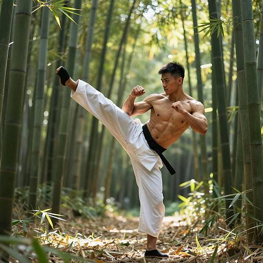 Photograph of a muscular, shirtless Asian man performing a high karate kick in a sunlit bamboo forest, wearing white pants and a black belt
