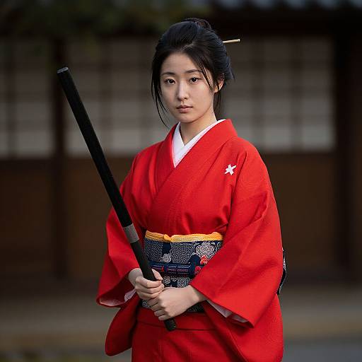 Woman Samurai in Red Kimono