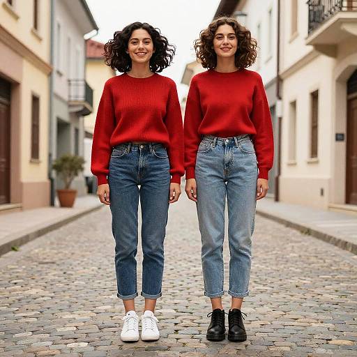 Two Women in Red Sweaters on a Cobblestone Street