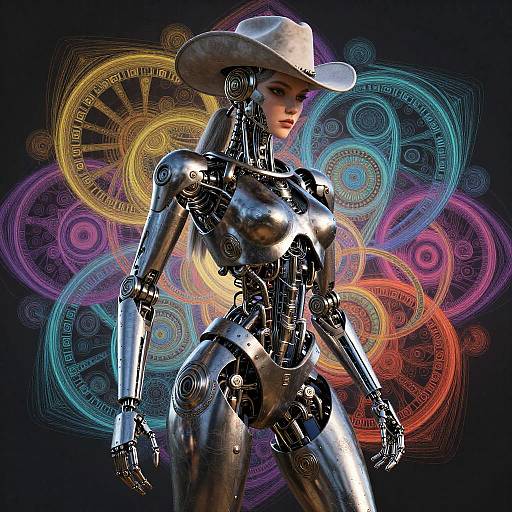 Biomechanical Female Robot with Cowboy Hat