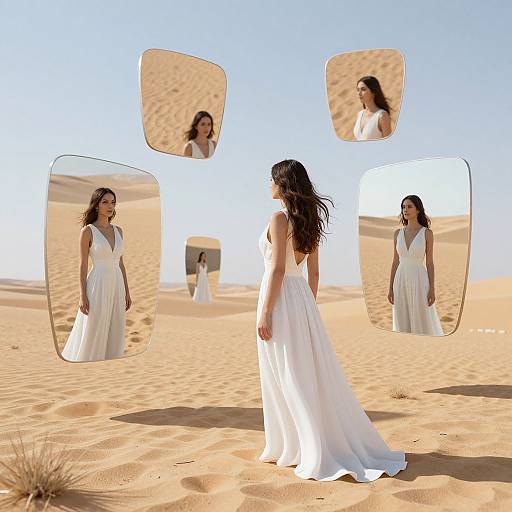 Photograph of a woman with long dark hair in a white, flowing gown, standing in a desert, surrounded by four abstract mirrors reflecting her image against