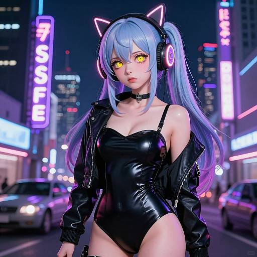 Anime-style digital illustration of a blue-haired girl with neon yellow eyes, wearing a black leather bodysuit, headphones, and cat ears, standing in