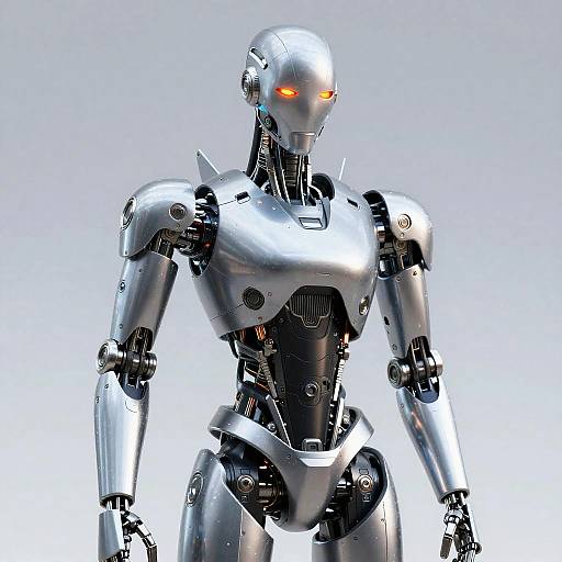 Photorealistic CGI of a sleek, silver humanoid robot with glowing orange eyes, standing against a gradient white-to-light-blue background.