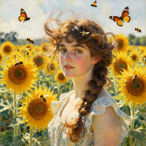Photograph of a fair-skinned, curly-haired woman with a braid, wearing a lace dress, surrounded by sunflowers and orange butterflies, in