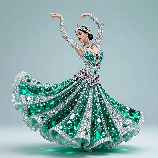 Photograph of a ballerina in a sparkling, emerald green and silver sequined dress, performing an elegant dance pose against a gradient blue background