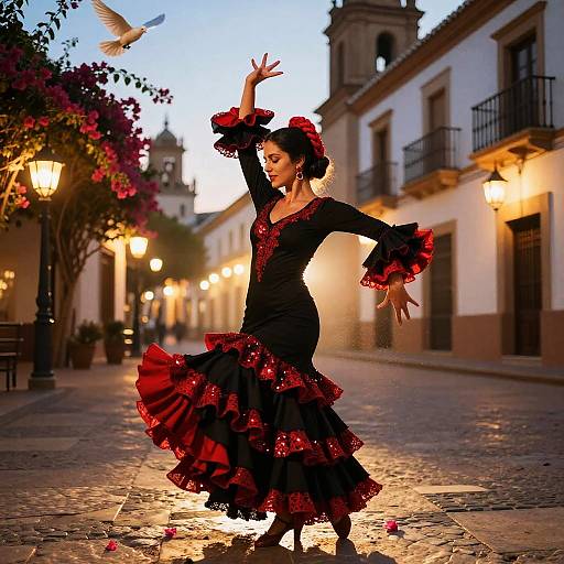 Flamenco Dancer in Twilight Spanish Plaza